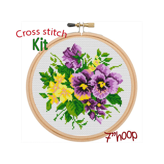 Daffodils And Violets Cross Stitch Kit. Flowers Cross Stitch Pattern. Modern Embroidery Kit. DIY.