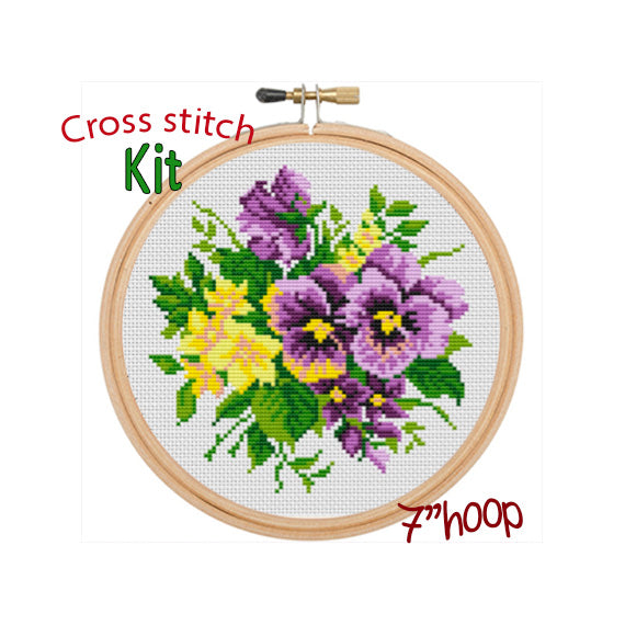 Daffodils And Violets Cross Stitch Kit. Flowers Cross Stitch Pattern.  Modern Embroidery Kit. DIY.