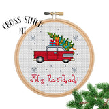 Feliz Navidad Christmas Car with Christmas Tree Cross Stitch Kit. Cross Stitch Kit Christmas