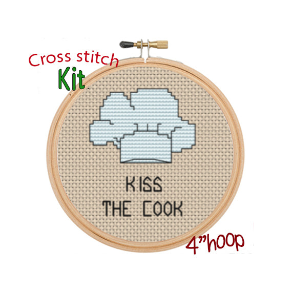 Kiss The Cook Cross Stitch Kit. Funny Kitchen Decor Cross Stitch Kit.