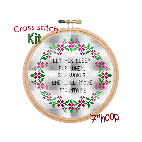 Let Her Sleep Cross Stitch Kit. Modern Cross Stitch. Flower Wreath Cross  Stitch Kit.