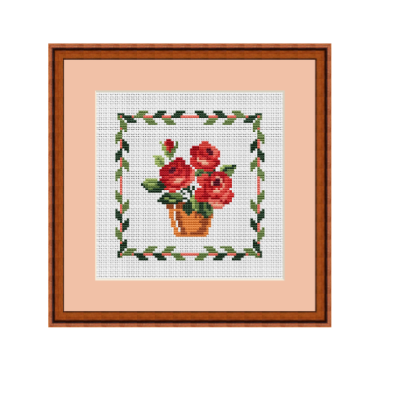 Napkin Ornament. Roses In The Pot Cross Stitch Pattern.