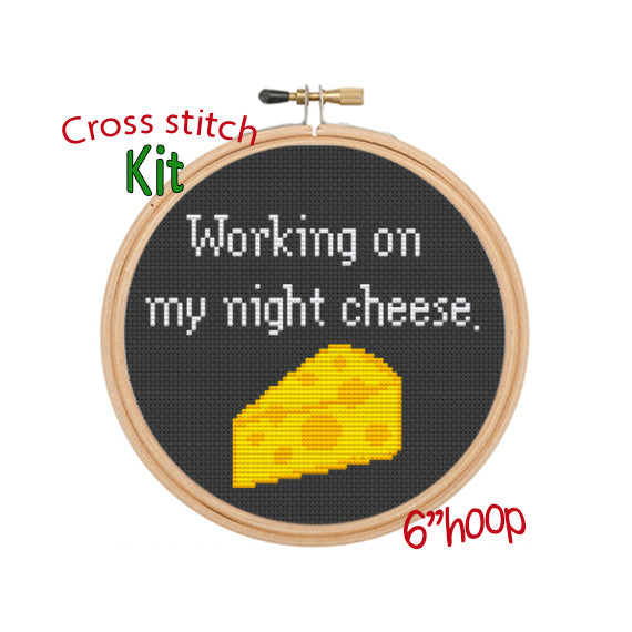 Working On My Night Cheese. Cheese Cross Stitch Kit. Funny Saying Cross Stitch Kit. 30 Rock Quote Cross Stitch Kit