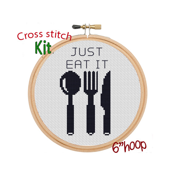 Just Eat It Cross Stitch Kit. Funny Kitchen Decor Cross Stitch Kit.